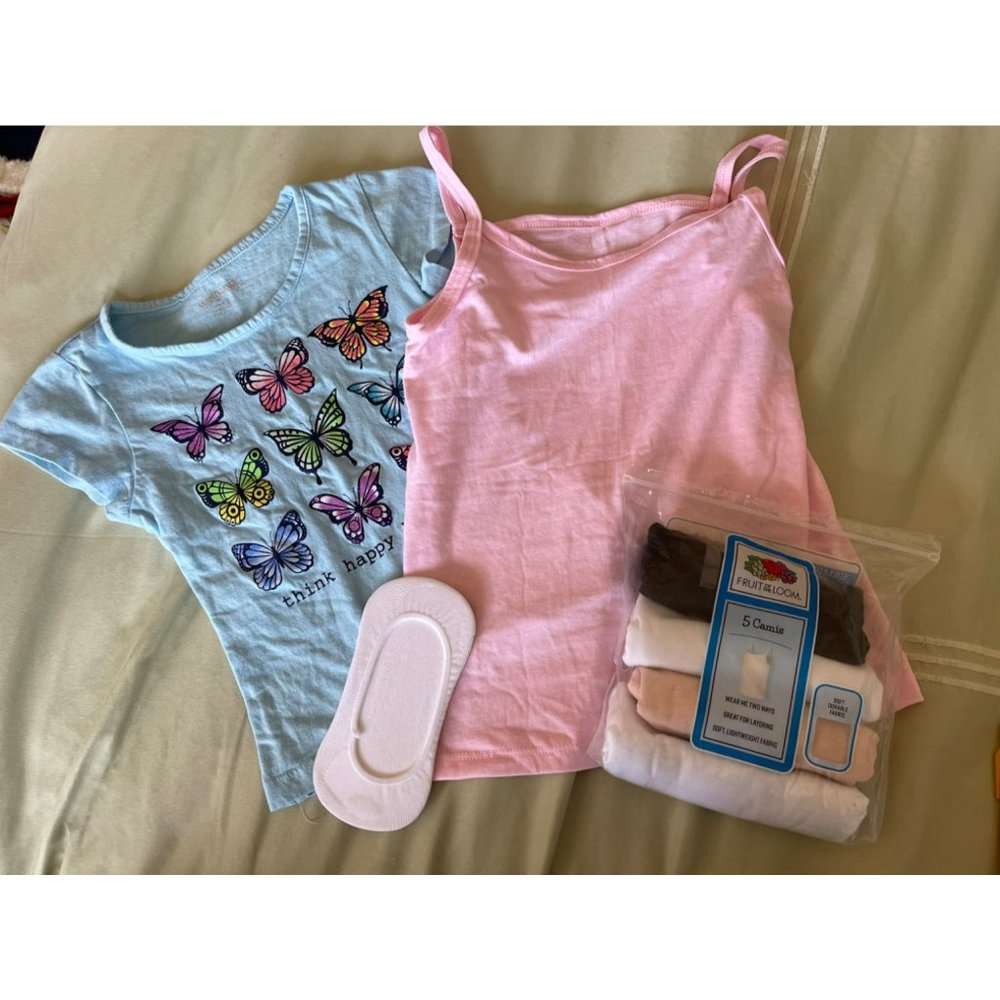 Sparkle Butterfly "Think Happy Be Happy" Tee / 5-Pk Cami Tanks / No-Show Socks